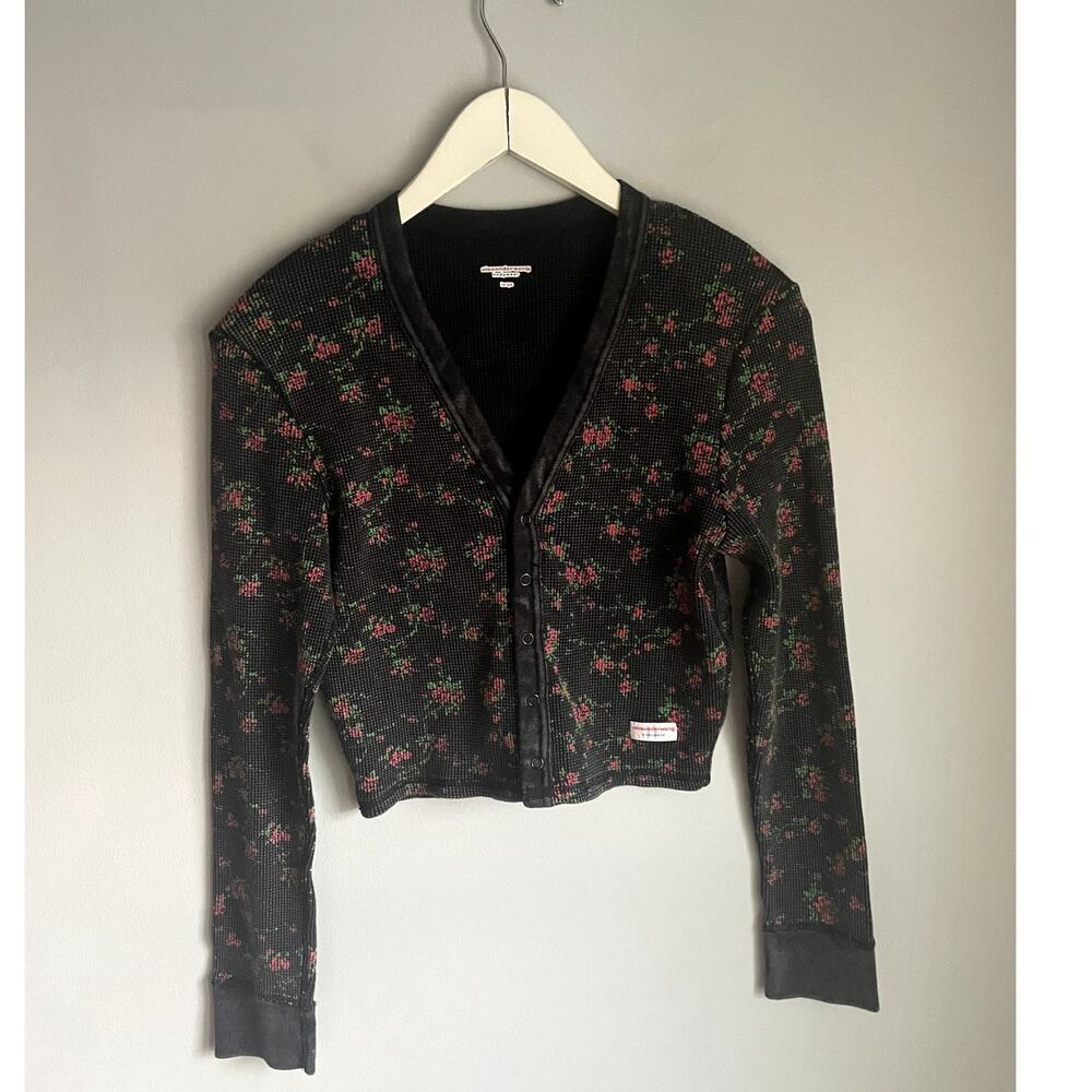 Alexander Wang Y2K Waffle Shirt Whimsigoth Rose Floral Punk Grunge Medium Black